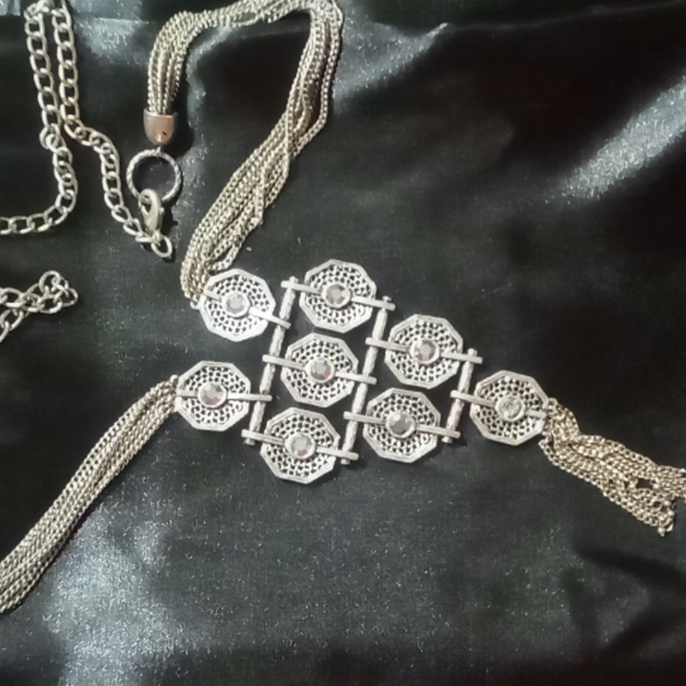 Statement necklace silver tone multi chain layered with tassels
